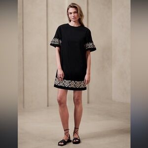 Banana Republic Black Embroidered Shift Dress with Cream Accents 100% Cotton